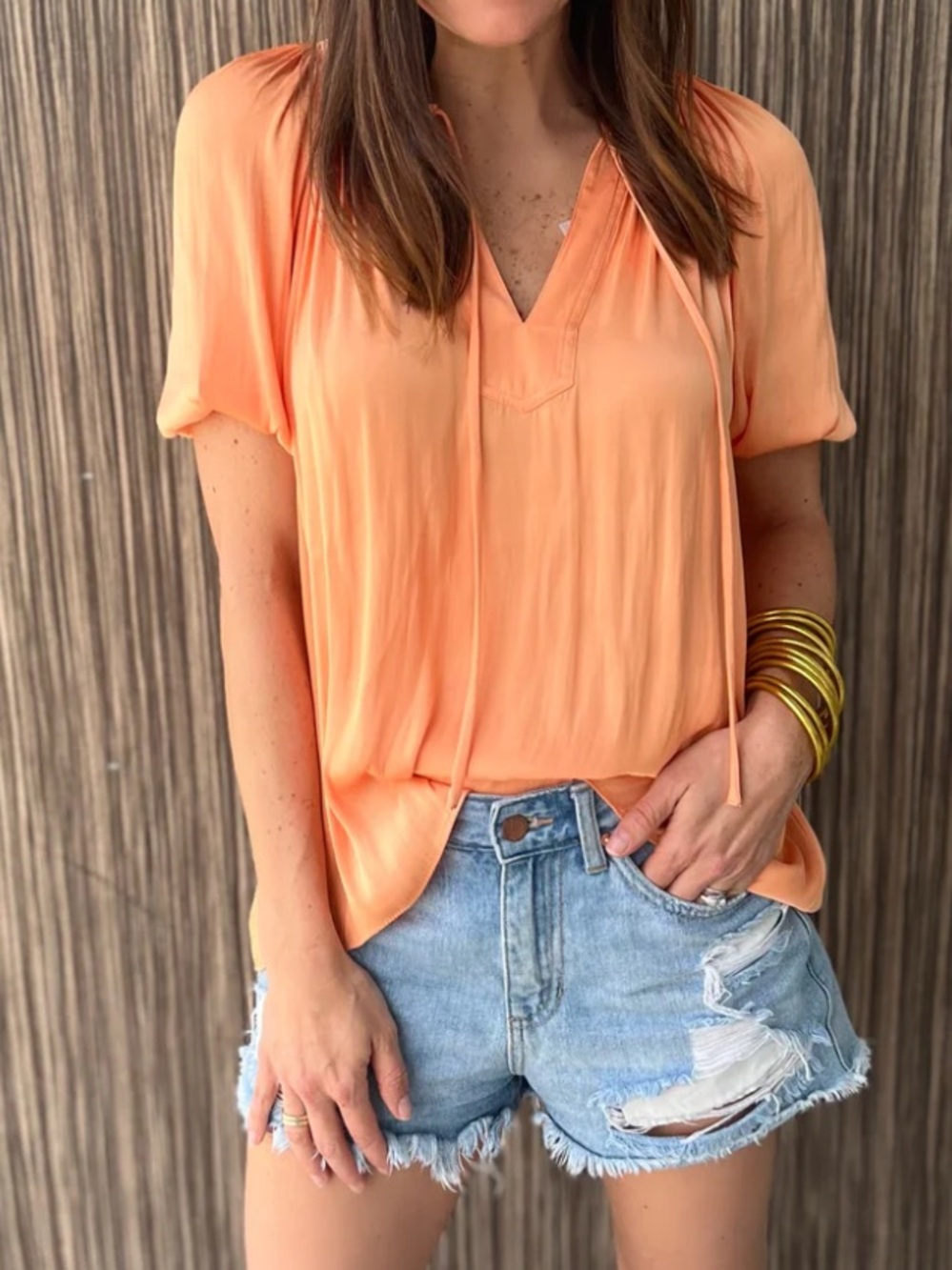 Current Air APRICOT S/S SPLIT NECK TIE TOP Size Extra Small